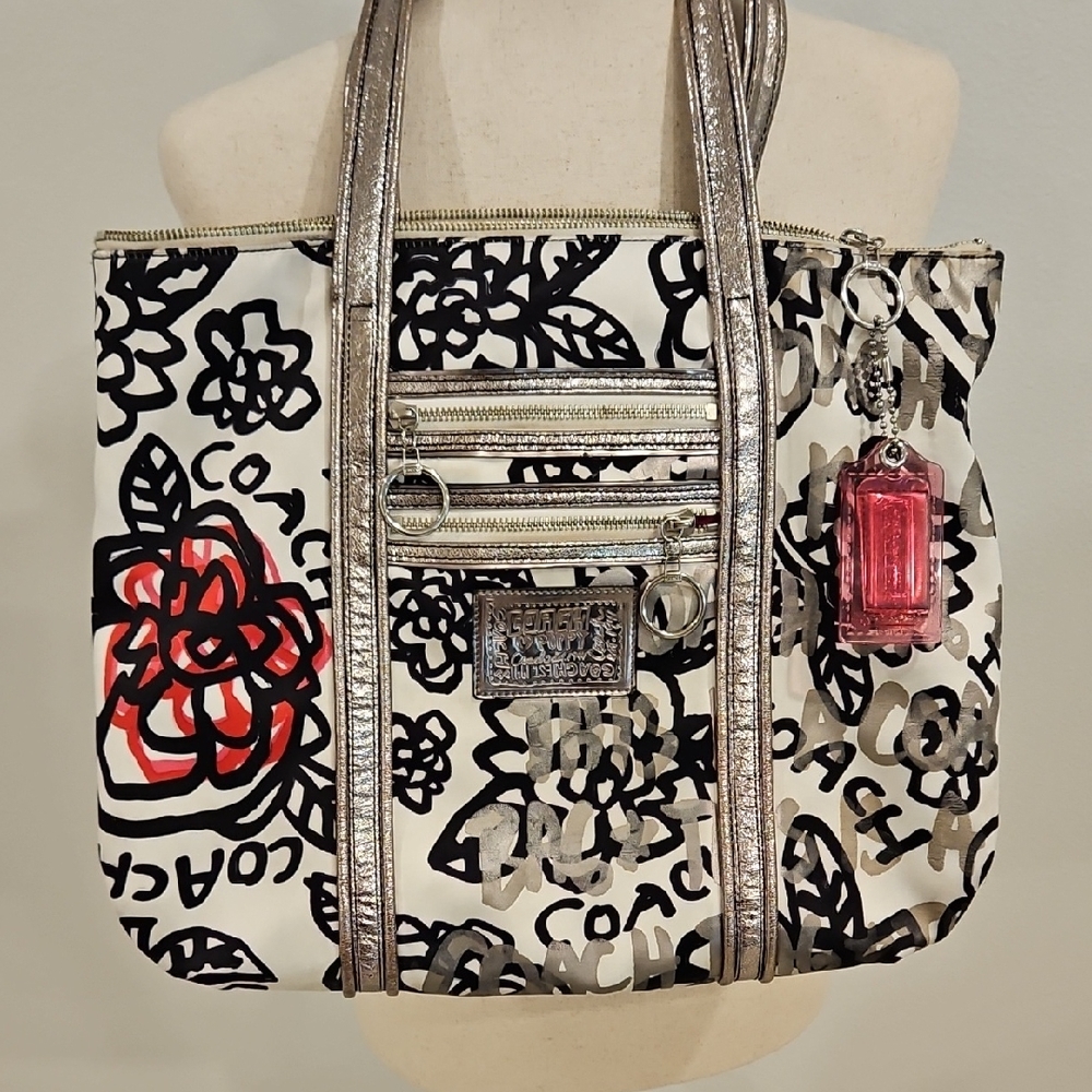 Coach Black and Red Graphic Tote with Silver Accents